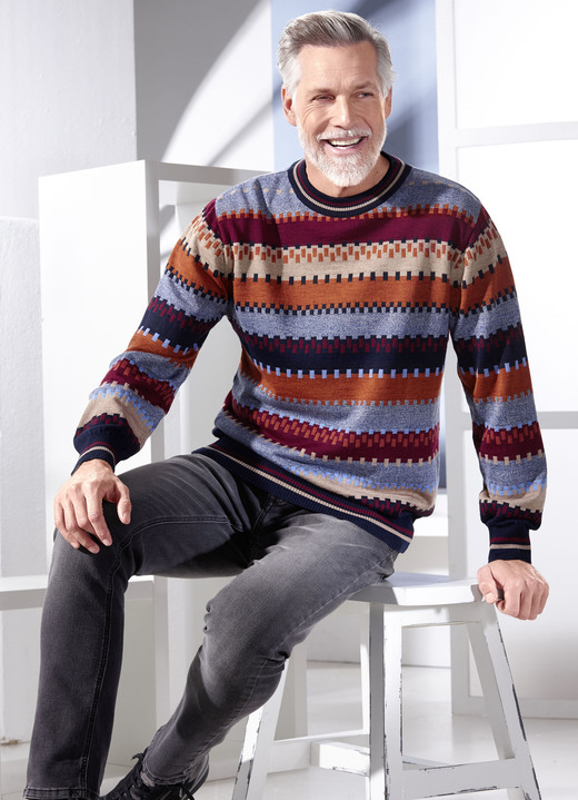 Hemden, Pullover & Shirts - Schicker Rundhalspullover, in Größe 046 bis 062, in Farbe JEANSBLAU-BORDEAUX-CAMEL-TERRAKOTTA