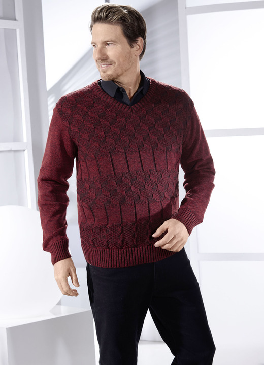 Herrenmode - Attraktiver Pullover mit V-Ausschnitt in 2 Farben, in Größe 046 bis 062, in Farbe ROTBRAUN Ansicht 1