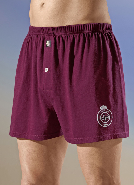 Unterwäsche - Viererpack Boxershorts, uni mit Druckmotiv, in Größe 005 bis 013, in Farbe 2X BORDEAUX, 2X RAUCHBLAU