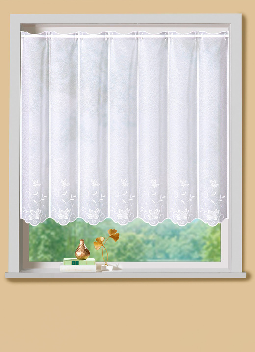 Landhaus & Küche - Kurzstore mit Blätter-Stickerei und Stangendurchzug, in Größe 660 (H30xB 90 cm) bis 858 (H60xB120 cm), in Farbe WEISS