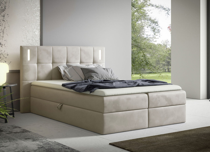 Betten - Boxspringbett mit LED-Beleuchtung und Topper, in Farbe CREME Ansicht 1