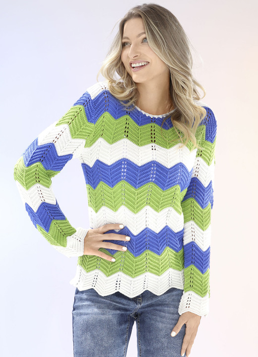 Pullover - Pullover mit Zackenringeln, in Größe L(44/46) bis XS(32/34), in Farbe ECRU-JEANSBLAU-LIMETTE Ansicht 1