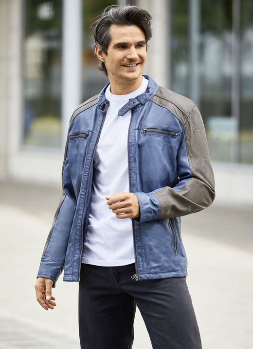Ledermode - Lederkurzjacke mit Reißverschluss-Taschen, in Größe 046 bis 062, in Farbe ANTIK JEANSBLAU-DUNKELBEIGE