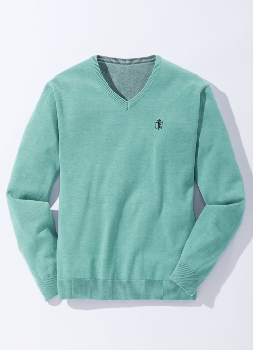 Hemden, Pullover & Shirts - Modischer V-Pullover in 6 Farben, in Größe 046 bis 062, in Farbe TÜRKIS MELIERT Ansicht 1