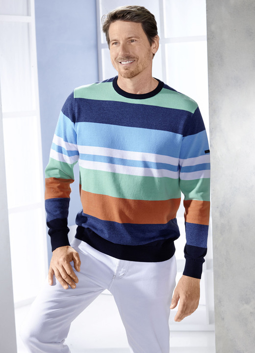 Hemden, Pullover & Shirts - Modischer Rundhalspullover, in Größe 3XL(64/66) bis XXL(60/62), in Farbe JEANSBLAU-BLAU-MINT Ansicht 1