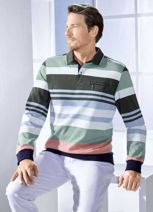 Hemden, Pullover & Shirts - Poloshirt mit Reißverschluss-Brusttasche, in Größe 046 bis 062, in Farbe HELLBLAU-GRÜN-ECRU