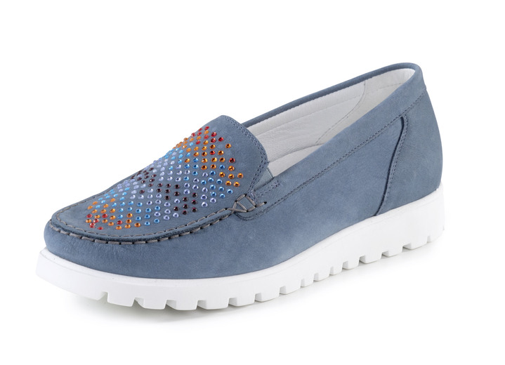 Komfortschuhe - Waldläufer Mokassin-Slipper mit bunten Glitzersteinchen besetzt, in Größe 3 1/2 bis 8, in Farbe JEANS Ansicht 1