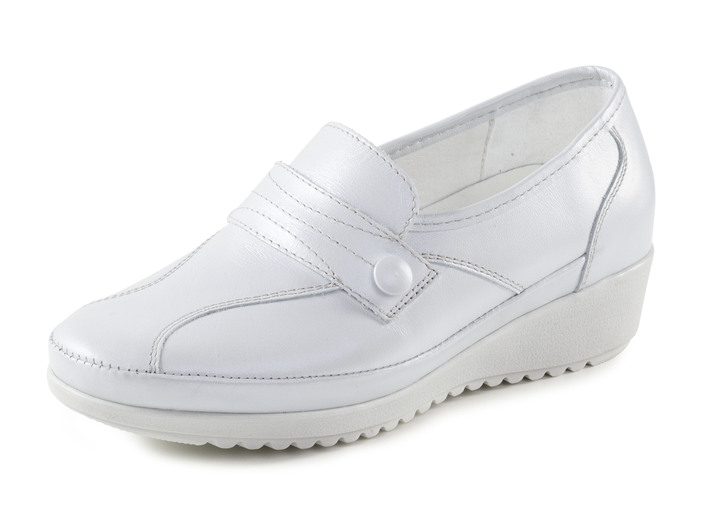 Komfortschuhe - ELENA EDEN Slipper mit Zier-Knopf und Elastikeinsatz, in Größe 036 bis 042, in Farbe PERLGRAU Ansicht 1