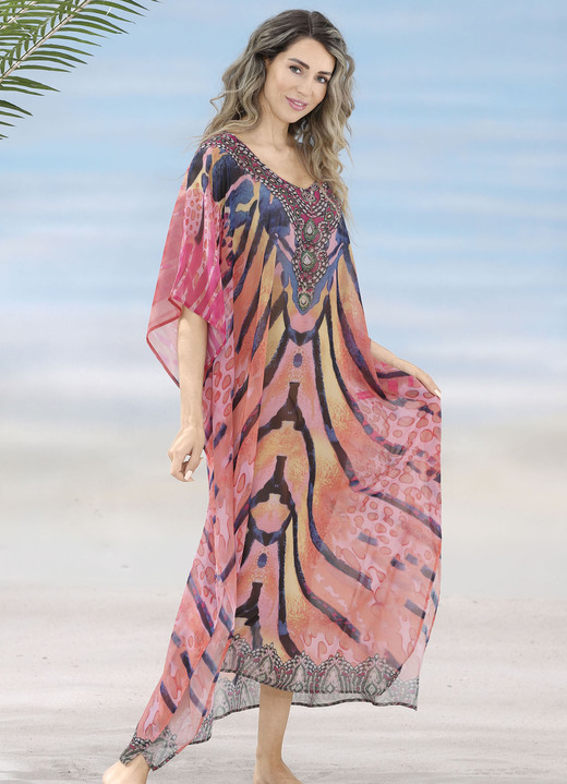 Strandmode - Laurina Kaftan mit Schmucksteinchen, leicht transparent, in Größe 1 (36-42) bis 3 (50-54), in Farbe KORALLE-BUNT Ansicht 1
