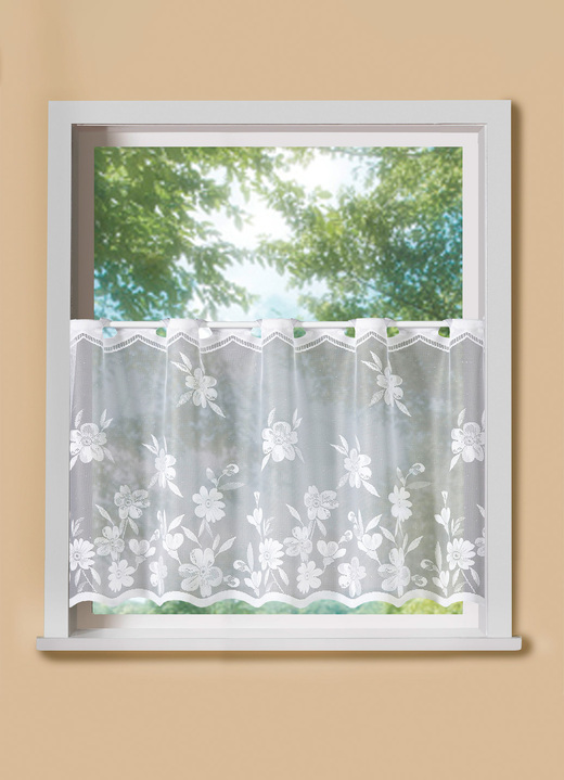 Landhaus & Küche - Kurzstore Blumenranke mit Stangendurchzug, in Größe 660 (H30xB100 cm) bis 876 (H50xB150 cm), in Farbe WEISS Ansicht 1
