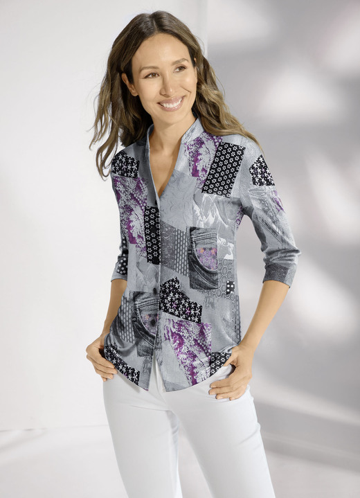 Blusen - Shirtbluse mit Knopfleiste, in Größe 036 bis 052, in Farbe GRAU-ROSÉ-BUNT