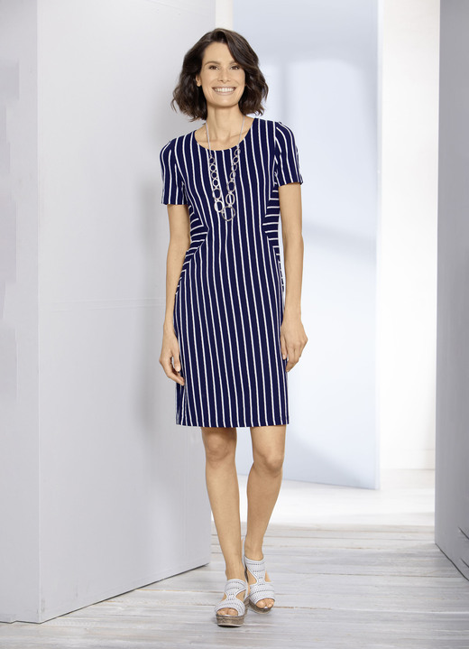 Freizeitkleider - Kleid in angesagter Streifenoptik, in Größe 034 bis 050, in Farbe MARINE-WEISS