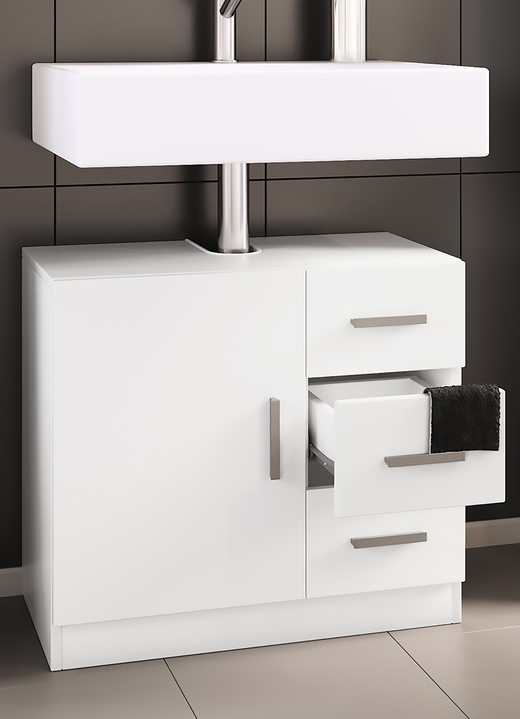 Badmöbel - Modernes Badmöbel-Programm, in Farbe WEISS, in Ausführung Waschbecken-Unterschrank mit 3 Schubladen Ansicht 1
