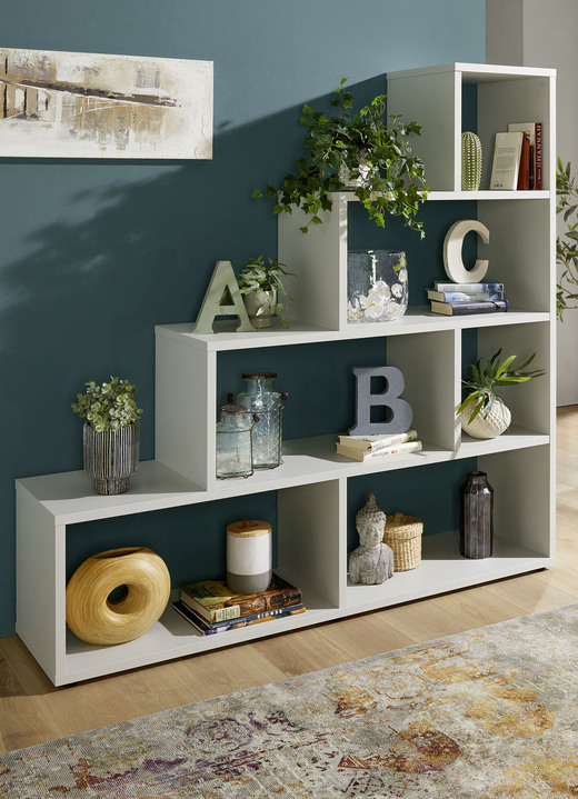 Regale & Schränke - Modernes Regal mit Melaminharzbeschichtung, in Farbe KREIDEGRAU, in Ausführung 4 offene Fächer, Breite 120 cm Ansicht 1
