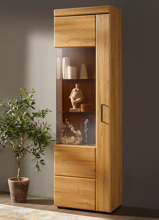Vitrinen & Highboards - Vitrinenserie mit Türen und Schubladen mit Softclose, in Farbe EICHE HELL, in Ausführung 1-türig, Türanschlag links Ansicht 1