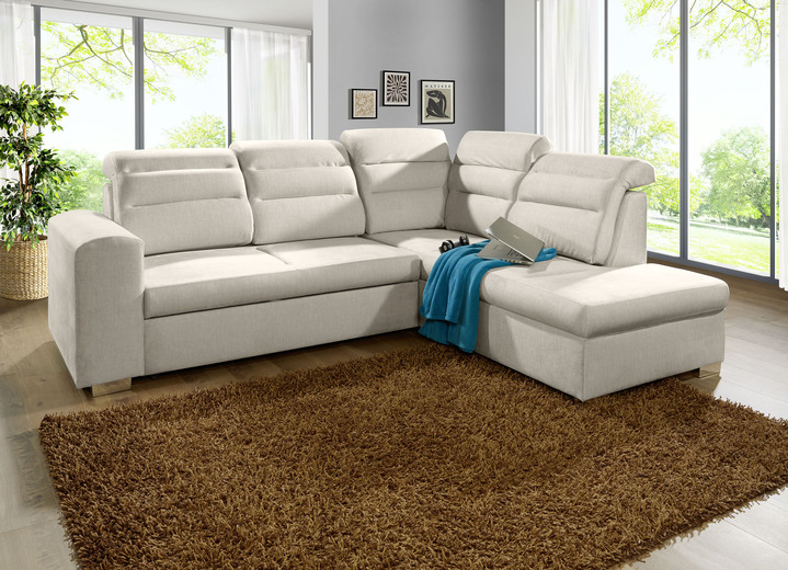 Funktions-Polstermöbel - Polstermöbel mit Bettfunktion und Bettkasten, in Farbe CREME, in Ausführung Polsterecke mit Longchair, 260x155 cm Ansicht 1