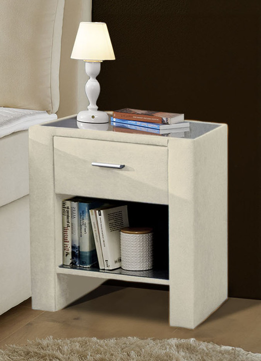 Kleinmöbel - Nachttisch mit Strukturstoff und Glasplatte, in Farbe CREME Ansicht 1