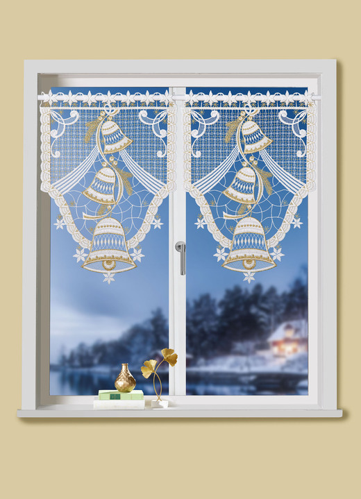 Landhaus & Küche - Scheibenhänger aus echter Plauener Spitze, in Farbe WEISS-GOLD