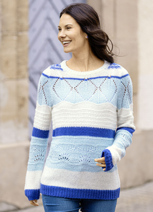Pullover - Pullover in superflauschiger Qualität, in Größe L(44/46) bis XS(32/34), in Farbe ECRU-ROYALBLAU-BLEU Ansicht 1