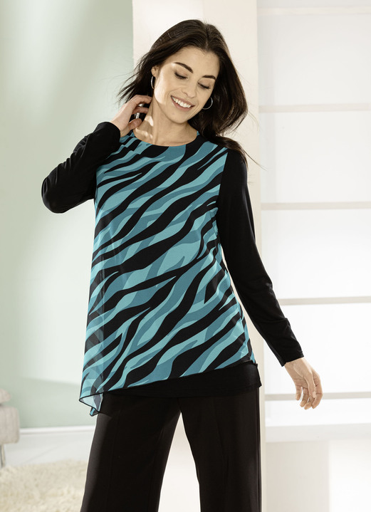 Damenmode - Shirt mit asymetrischem Saumabschluss, in Größe 036 bis 052, in Farbe SCHWARZ-PETROL