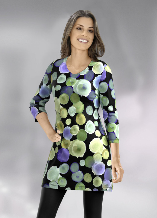 Longshirts - Longshirt mit farbbrillantem Allover-Druck, in Größe 040 bis 050, in Farbe SCHWARZ-LILA-GRÜN