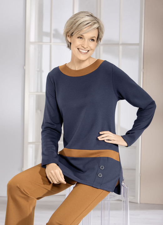 Shirts - Sweatshirt mit Kontrastblende in 2 Farben, in Größe 040 bis 056, in Farbe MARINE-CAMEL Ansicht 1
