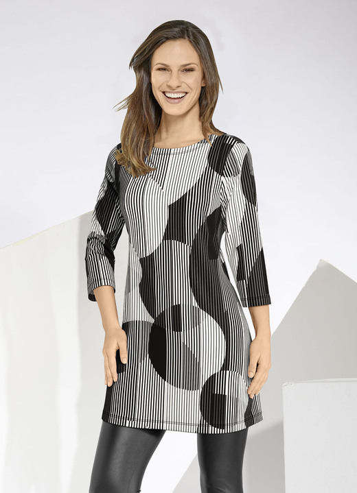 Damenmode - Longshirt mit farbbrillantem Allover-Druck, in Größe 038 bis 050, in Farbe SCHWARZ-WEISS