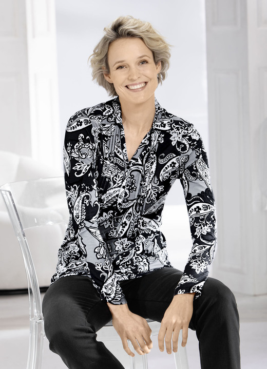 Shirts - Poloshirt mit Biesenverarbeitung in 2 Farben, in Größe 036 bis 054, in Farbe SCHWARZ-WEISS Ansicht 1