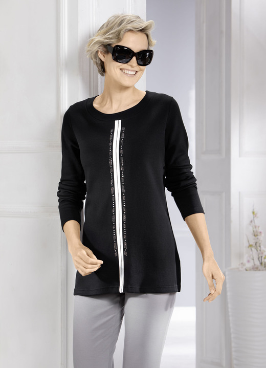 Damenmode - Sweatshirt mit kontrastfarbenem Zierband, in Größe 040 bis 054, in Farbe SCHWARZ Ansicht 1