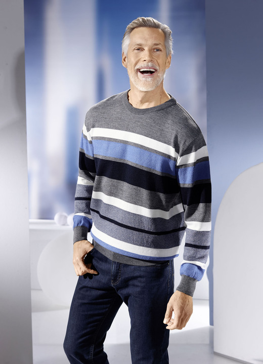 Hemden, Pullover & Shirts - Rundhalspullover mit Strukturmix allover, in Größe 046 bis 064, in Farbe GRAU-MARINE-BLEU-ECRU Ansicht 1
