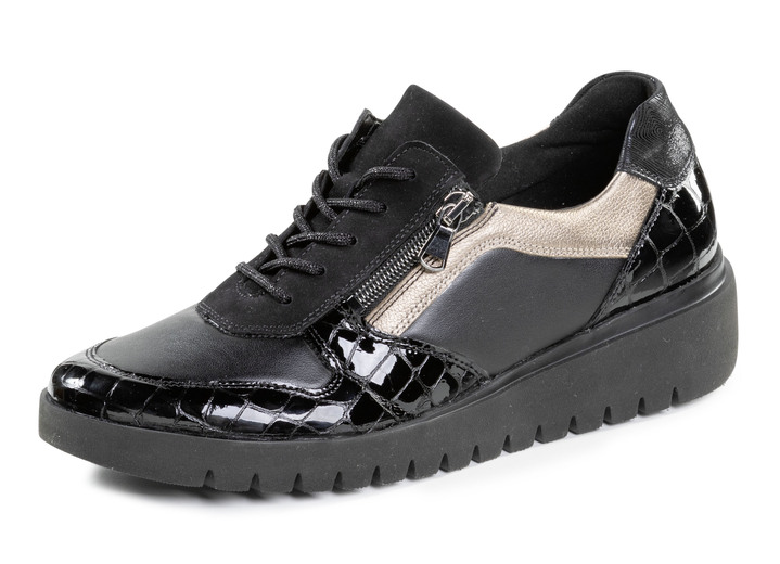 Stiefel & Stiefeletten - Schnür-Sneaker aus Nappaleder , in Größe 035 bis 080, in Farbe SCHWARZ-ALTGOLD Ansicht 1