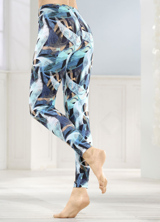 Damenmode - Zweierpack Leggings mit Dehnbund, in Größe 038 bis 054, in Farbe 1X SCHWARZ-TÜRKIS-BUNT BEDRUCKT, 1X SCHWARZ