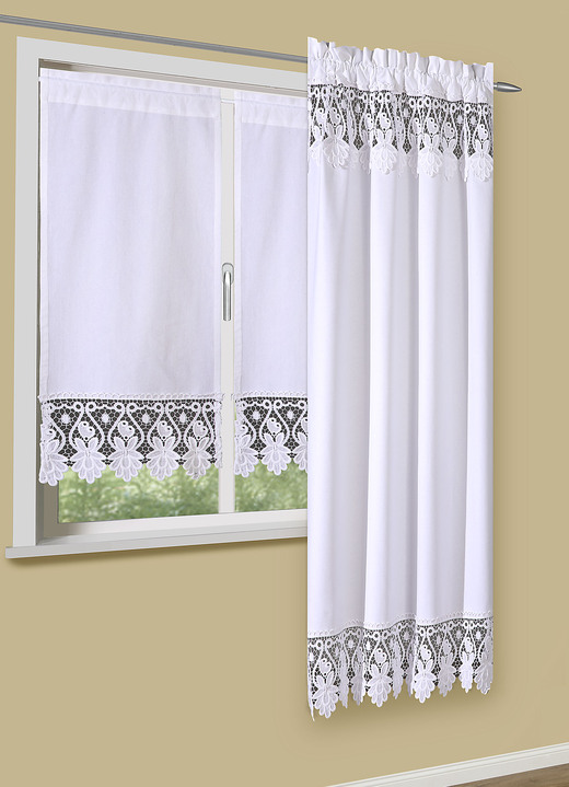 Landhaus & Küche - Fensterdekoration aus reiner Baumwolle mit hochwertiger Spitze, in Größe 402 (Scheiben-Gardine, H60xB36 cm) bis 520 (Seitenschal, H180xB88 cm), in Farbe WEISS Ansicht 1