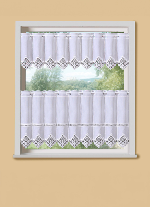 Landhaus & Küche - Kurzstore mit edler Macramé-Spitze und Stangendurchzug, in Größe 661 (H30xB 90 cm) bis 861 (H60xB150 cm), in Farbe WEISS Ansicht 1