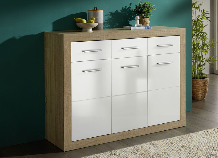 - Sideboard-Programm mit pflegeleichten Oberflächen, in Farbe EICHE SONOMA-WEISS, in Ausführung 3-türig, 3 Schubladen