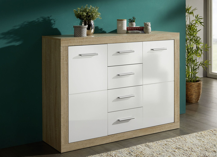 - Sideboard-Programm mit pflegeleichten Oberflächen, in Farbe EICHE SONOMA-WEISS, in Ausführung 2-türig, 4 Schubladen