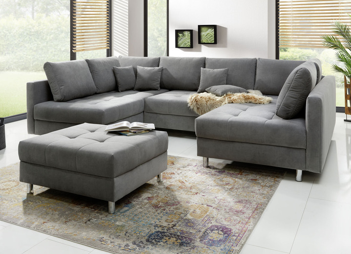 Funktions-Polstermöbel - Polstermöbel mit Hocker und Kissen, in Farbe GRAU, in Ausführung Polsterecke mit Hocker, 217x188 cm Ansicht 1