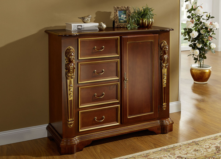 Sideboards & Kommoden - Italienische Kommodenserie mit eingearbeiteten Frauenskulpturen, in Farbe NUSSBAUM-GOLD, in Ausführung Schubladenkommode Ansicht 1