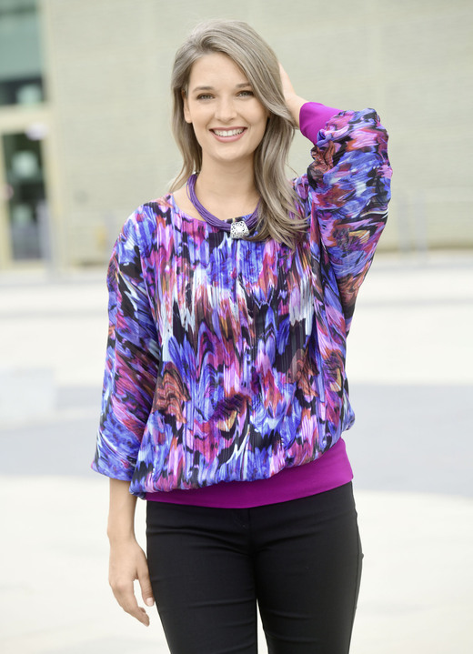Tuniken - Poncho-Tunika mit eingearbeitetem Top, in Größe 036 bis 052, in Farbe LILA-FUCHSIA-WEISS-BUNT