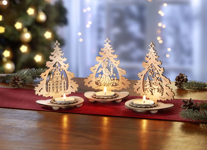 Weihnachtliche Dekorationen - Teelichthalter aus Holz, 3er-Set, in Farbe NATUR Ansicht 1