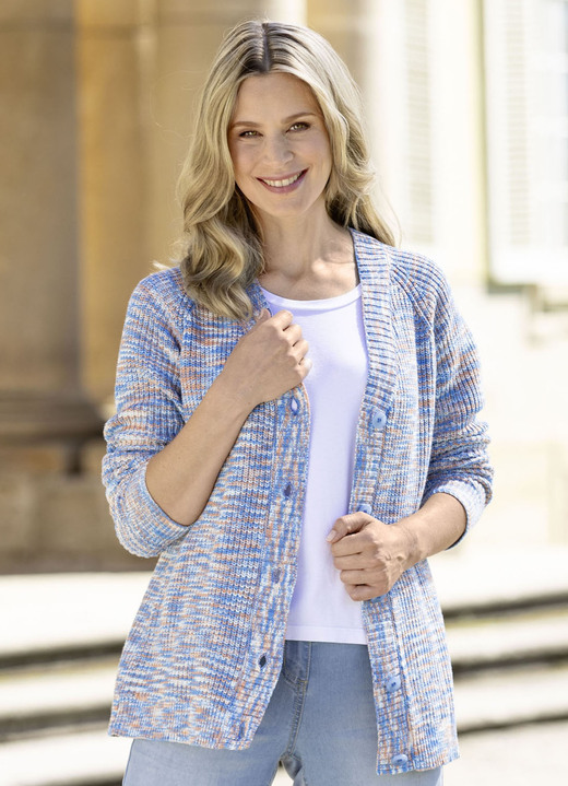 Jacken, Westen & Sets - Strickjacke mit tollem Melange-Effekt, in Größe 036 bis 052, in Farbe BLAU-ORANGE-WEISS Ansicht 1