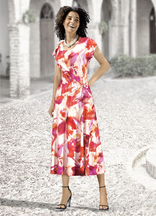 Freizeitkleider - Kleid mit raffinierter Knotentechnik, in Größe 019 bis 054, in Farbe KORALLE-PINK-ECRU-BUNT