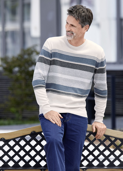 Hemden, Pullover & Shirts - Gestreifter Rundhalspullover, in Größe 3XL(64/66) bis XXL(60/62), in Farbe NATUR-GRAU-JEANSBLAU GESTREIFT Ansicht 1