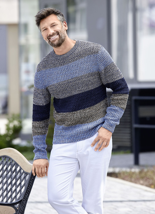 Hemden, Pullover & Shirts - Rundhalspullover mit Strukturdessin, in Größe 046 bis 062, in Farbe BEIGE-BLAU-MARINE GESTREIFT