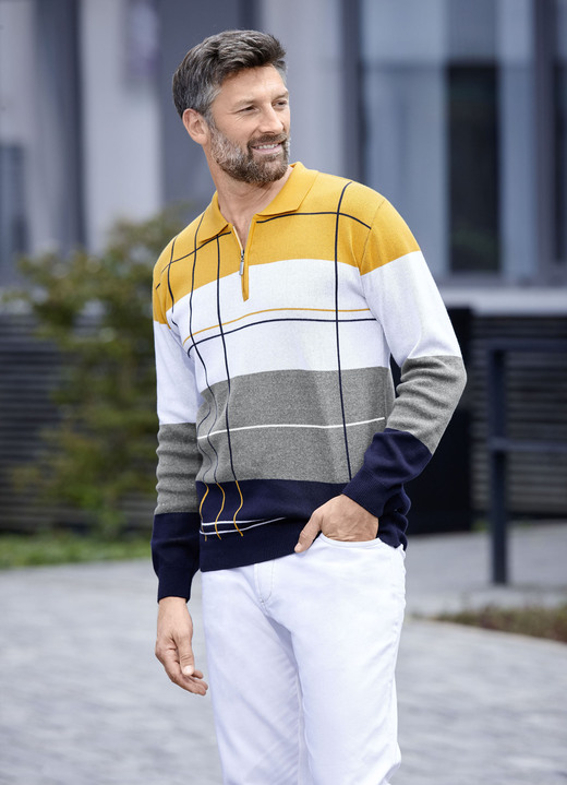 Hemden, Pullover & Shirts - Polopullover mit Reißverschluss, in Größe 046 bis 062, in Farbe GELB-HELLGRAU-ANTHRAZIT