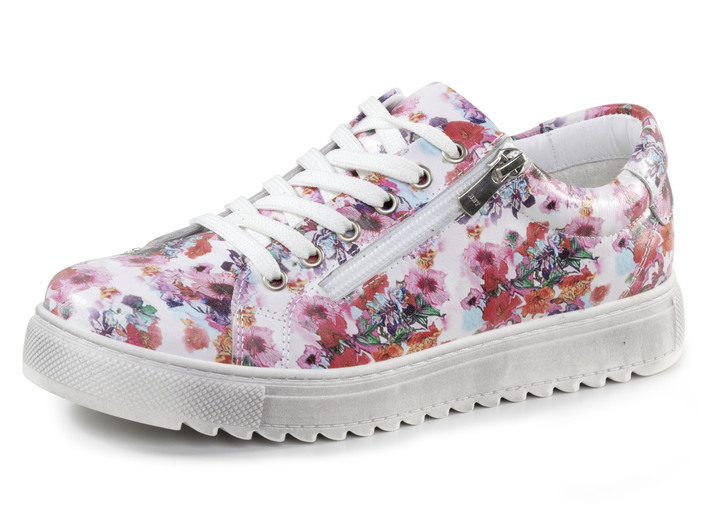 Komfortschuhe - Gemini Schnür-Sneaker aus beschichtetem, floral bedrucktem Nappaleder, in Größe 036 bis 042, in Farbe WEISS-PINK Ansicht 1