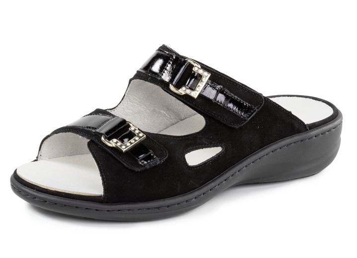 Komfortschuhe - Waldläufer Pantolette mit Metallschmuck mit Glitzersteinchen, in Größe 3 1/2 bis 8, in Farbe SCHWARZ Ansicht 1