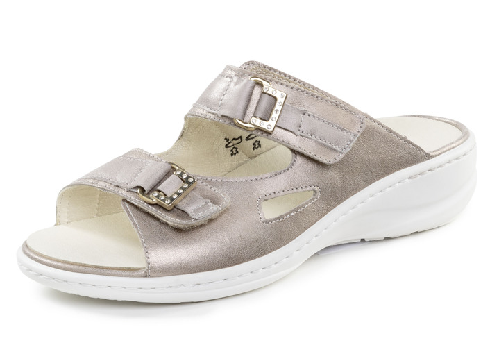 Komfortschuhe - Waldläufer Pantolette mit Metallschmuck mit Glitzersteinchen, in Größe 3 1/2 bis 8, in Farbe ANTIKGOLD Ansicht 1