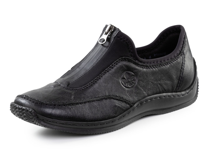 Slipper & Schnürschuhe - Rieker Slipper aus genarbtem Nappaleder und dehnbarem Textilmaterial, in Größe 036 bis 042, in Farbe SCHWARZ Ansicht 1