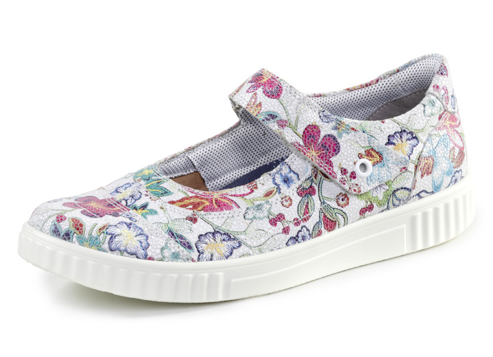 Komfortschuhe - Slipper aus floral bedrucktem Leder, in Größe 036 bis 042, in Farbe ECRU-BUNT Ansicht 1